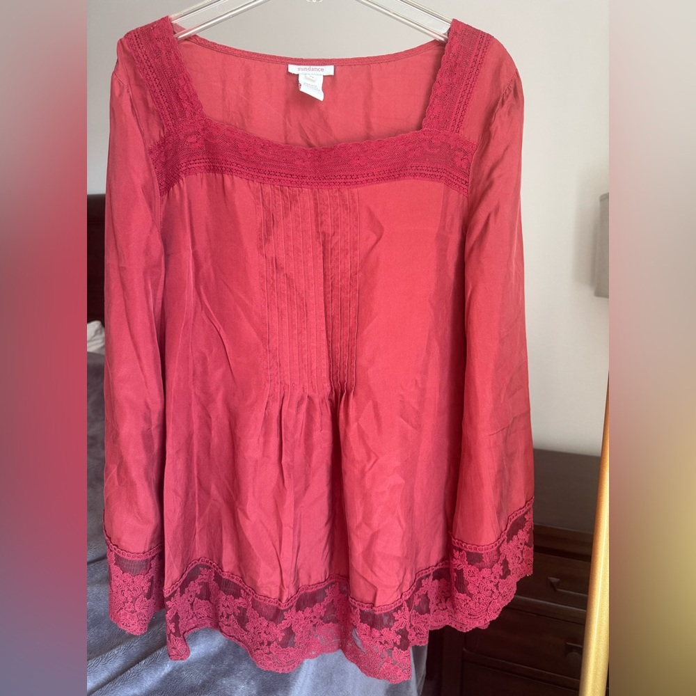 Sundance Silk Brick Red Lace Trim Peasant Blouse - Medium